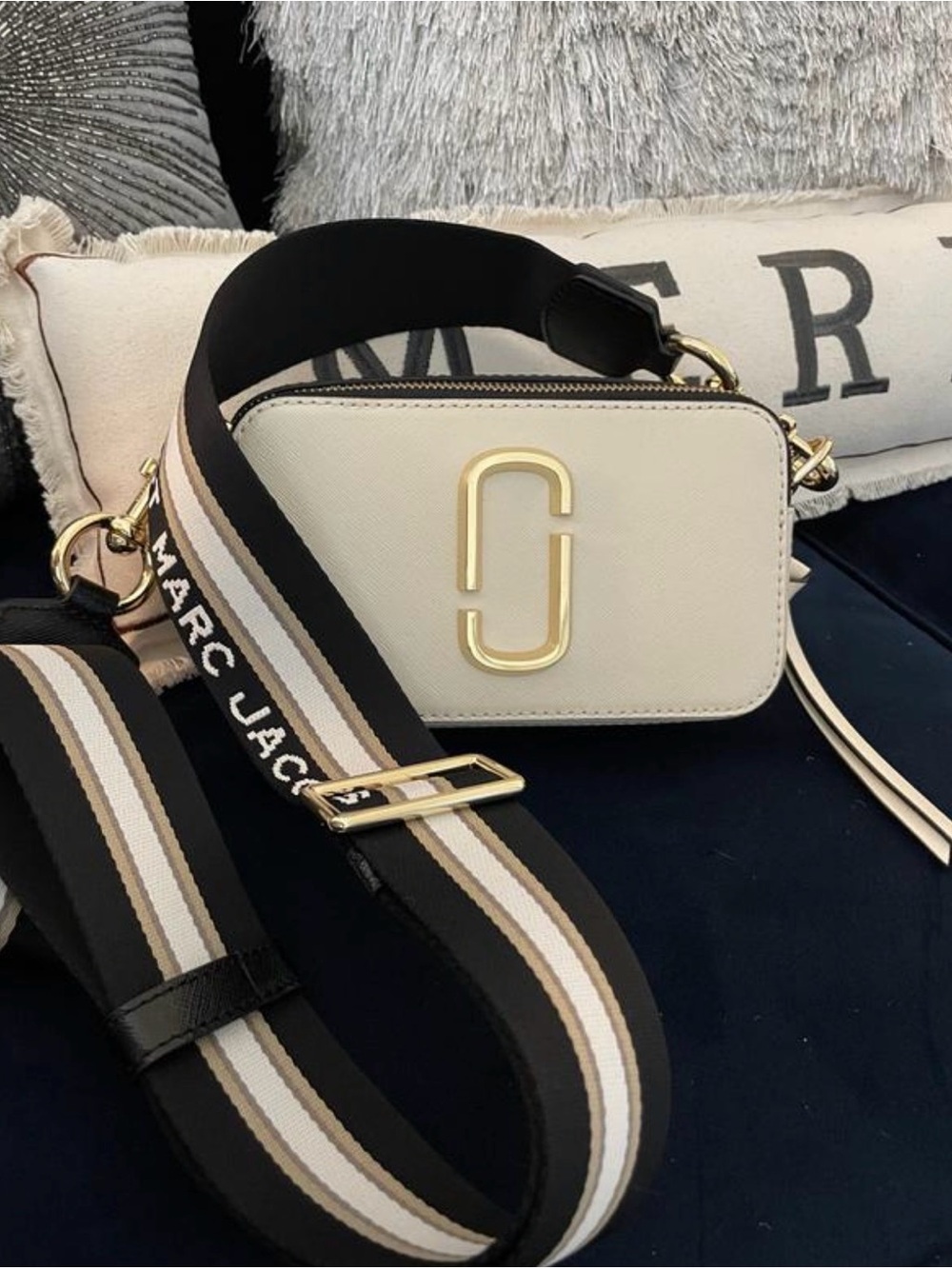 Marc Jacobs Cream Snapshot Camera Crossbody with Striped Black Strap